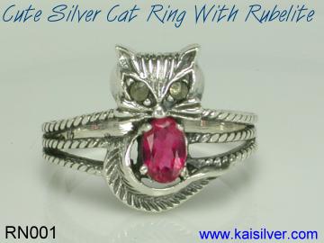 cat ring with gemstone silver gold