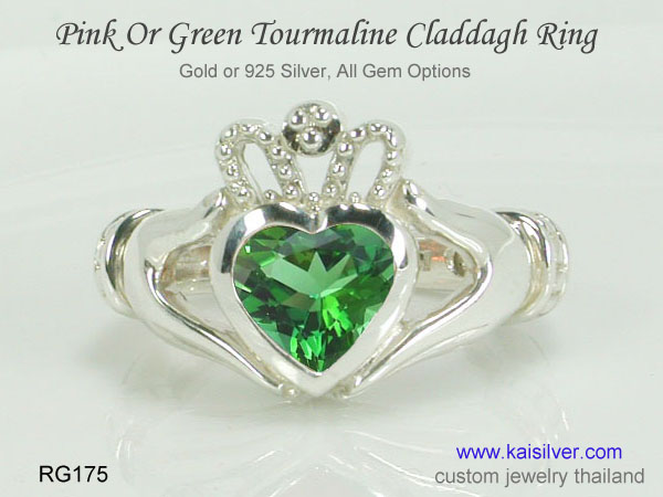 green tourmaline gem claddagh ring 