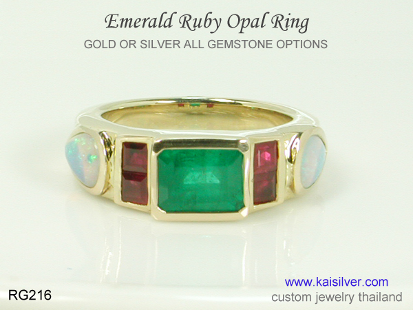 emerald, ruby and opal ring